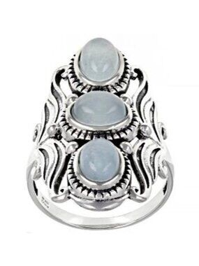 JTV Blue Dreamy Aquamarine Sterling Silver 3 Stone Statement Ring Size 6